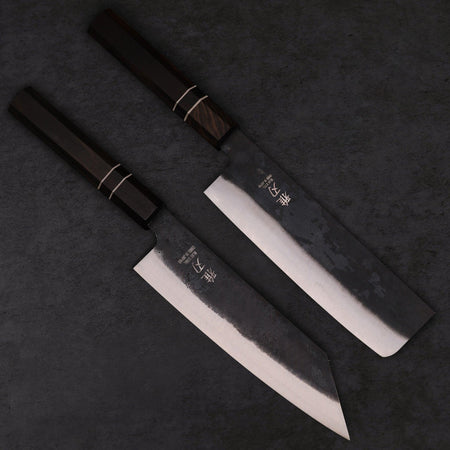 Bunka 185mm & Nakiri Blue Steel Ebony Handle Knife Set - Lewis Knife