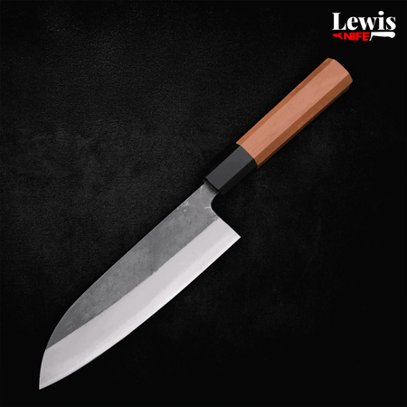 Santoku Blue steel #2 Kurouchi Buffalo Teak Handle 165mm - Lewis Knife
