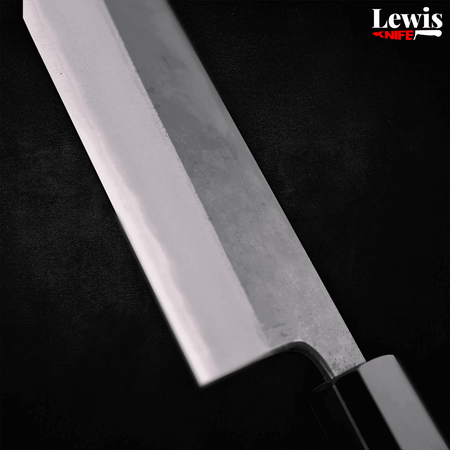 Santoku Blue steel #2 Kurouchi Buffalo Teak Handle 165mm - Lewis Knife