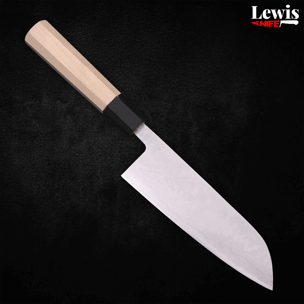 Santoku Blue Super Damascus Buffalo Magnolia Handle 165mm - Lewis Knife