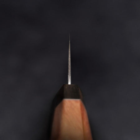 Top view of thin sharp Japanese VG-10 blade with rosewood handle